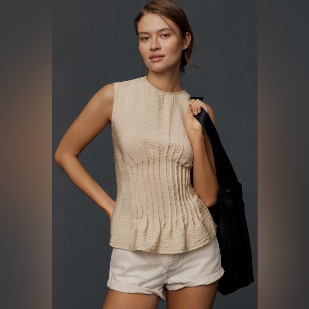 Anthropologie Beige Sleeveless Pleated Textured Top